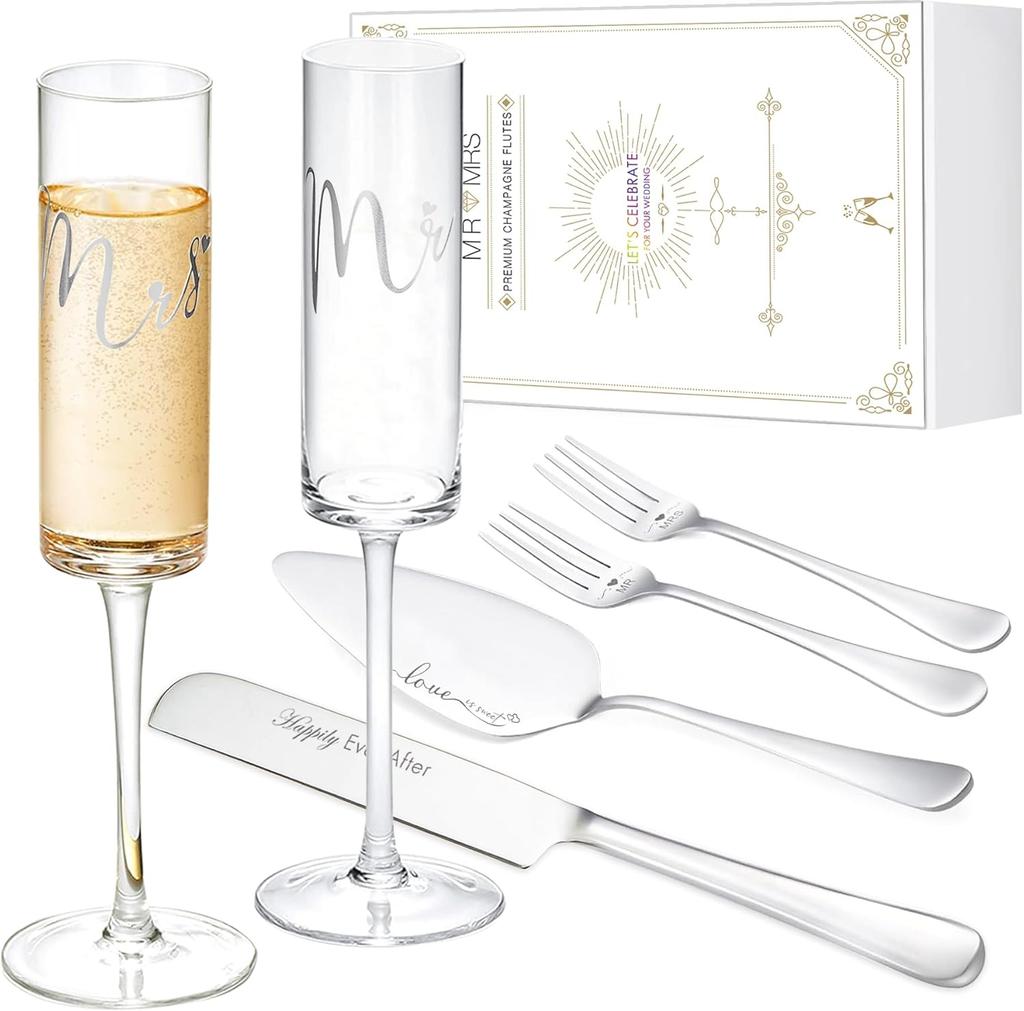 Bröllopstårtkniv & Serveringsset, Mr & Mrs Champagneglas för Brudpar, Bröllopsduschpresent