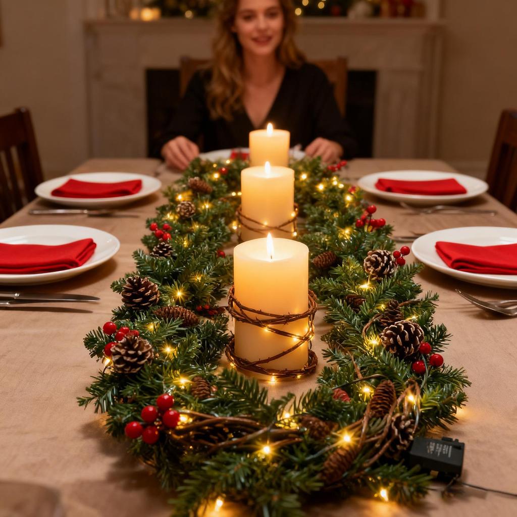 Vánoční girlandy s šiškami, červenými bobulemi, umělé vánoční věnce pro domov, vánoční stromek, schodiště, dveře, novoroční dekorace