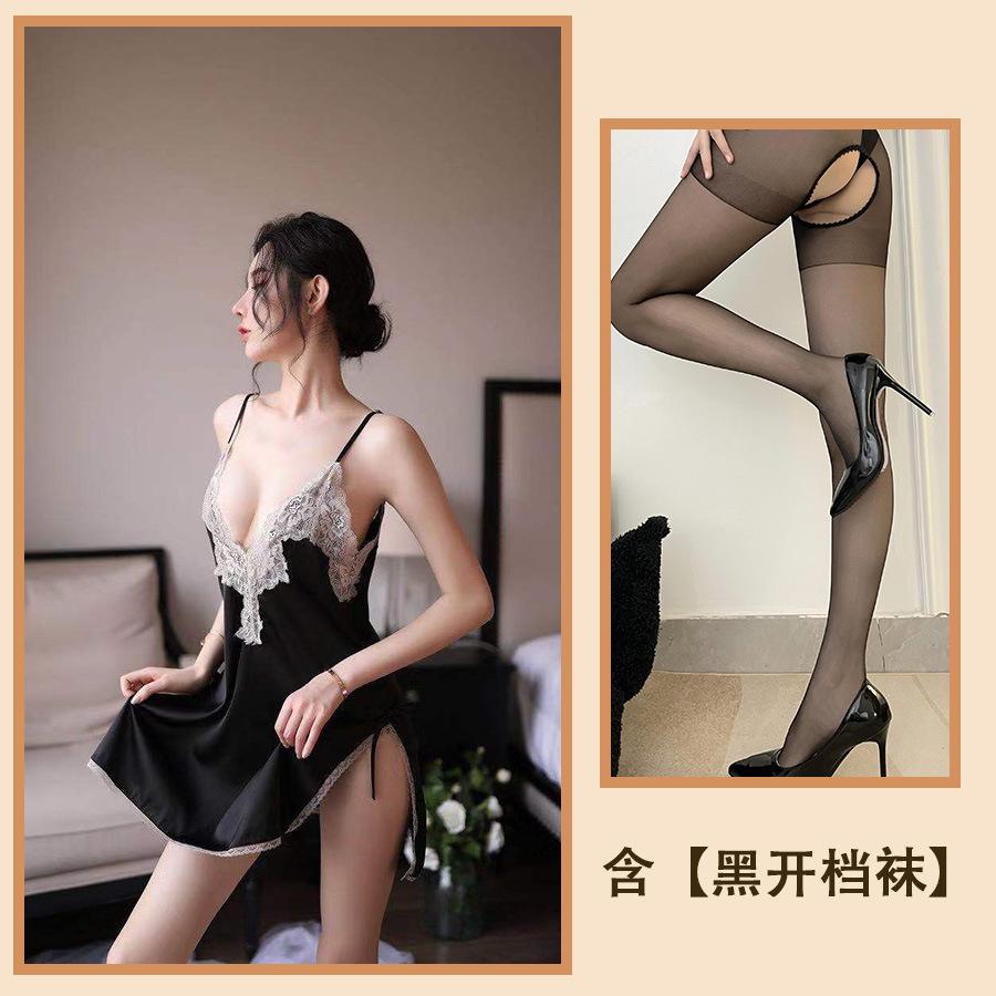 Sexy spodní prádlo Ledové hedvábí Svádění Sexy rozparkové pyžamo Květiny rozpustné ve vodě Duté podvazkové pyžamo Domácí Velká velikost Ženy