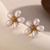 Elegant Stainless Steel 18K Gold Plated French-Style Faux Pearl Flower Stud Earrings Women