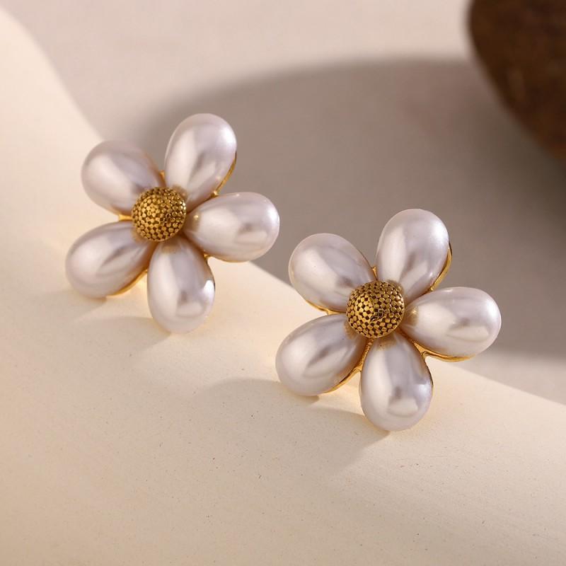 Elegant Stainless Steel 18K Gold Plated French-Style Faux Pearl Flower Stud Earrings Women