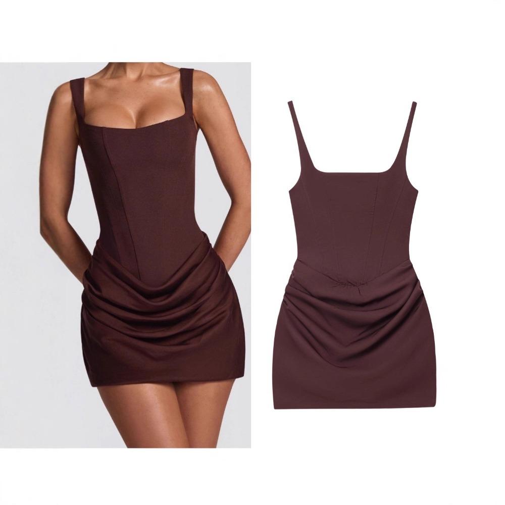Women's Square Neck Sleeveless Mini Dress Slim Fit Mid Waist Sexy Ruched A Line Dress Polyester Solid Spaghetti Strap Party Dress