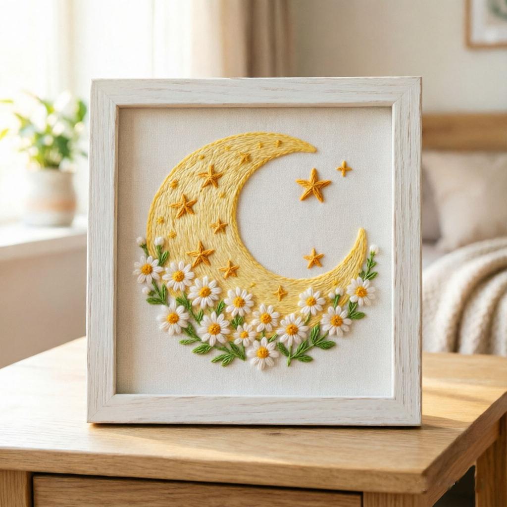 DIY Hand Embroidery Kit with Floral Moon Design for Bedroom Wall Decor, 20cm Hoop, Scissors and Needle Threader