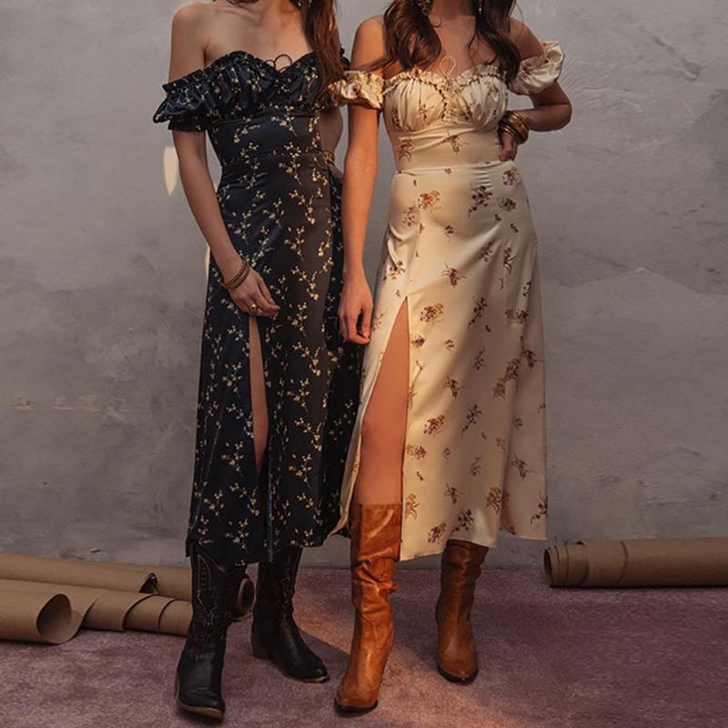 Summer New Women's Sexy Elegant Fashion Off-the-shoulder Mid-length Floral Dress Club Style Casual Dress