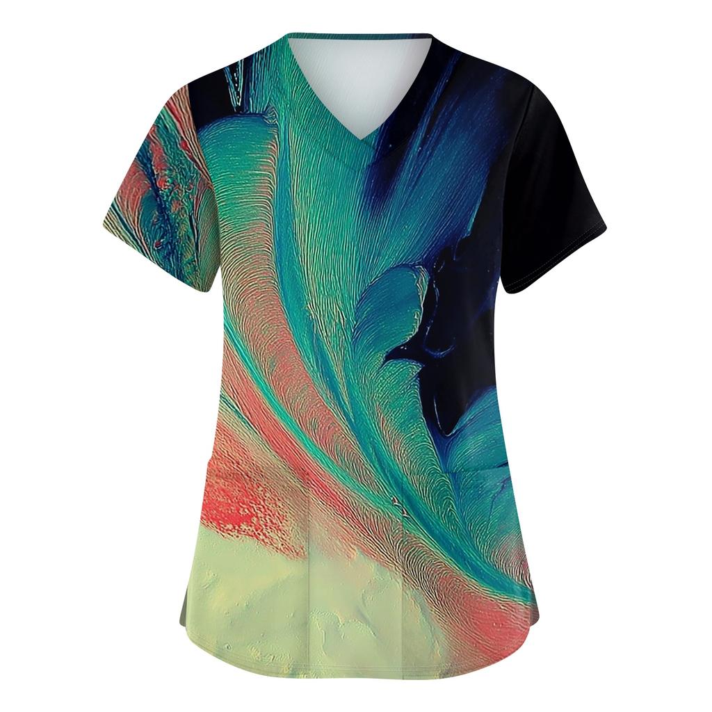 Textured Print V Neck Short Sleeve Medical Scrub Top with Double Pockets and Side Slit Hem for Healthcare Professionals