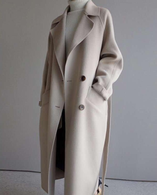 Women's Lapel Long Sleeve Loose Fit Trench Coat Casual Belted Wool Blend Mid-Long Jacket
