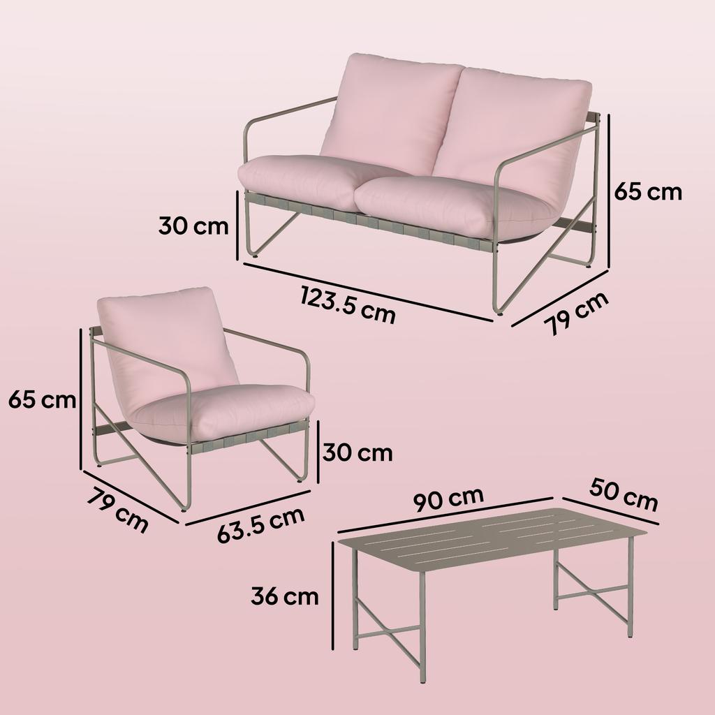 Garden Set for 4 People: Sofa, Armchairs, Table, Metal, Pink