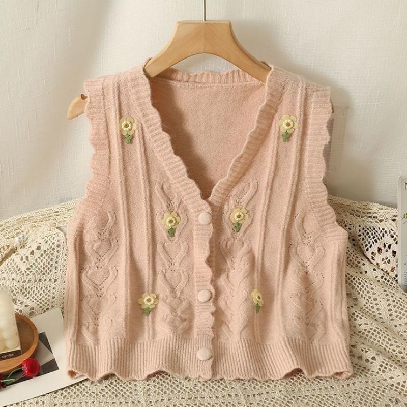 Women's Floral Embroidered Knitted Vest Cardigan for Outer Wear Autumn and Winter Style Loose Age-Reducing Lace Sleeveless Vest Top