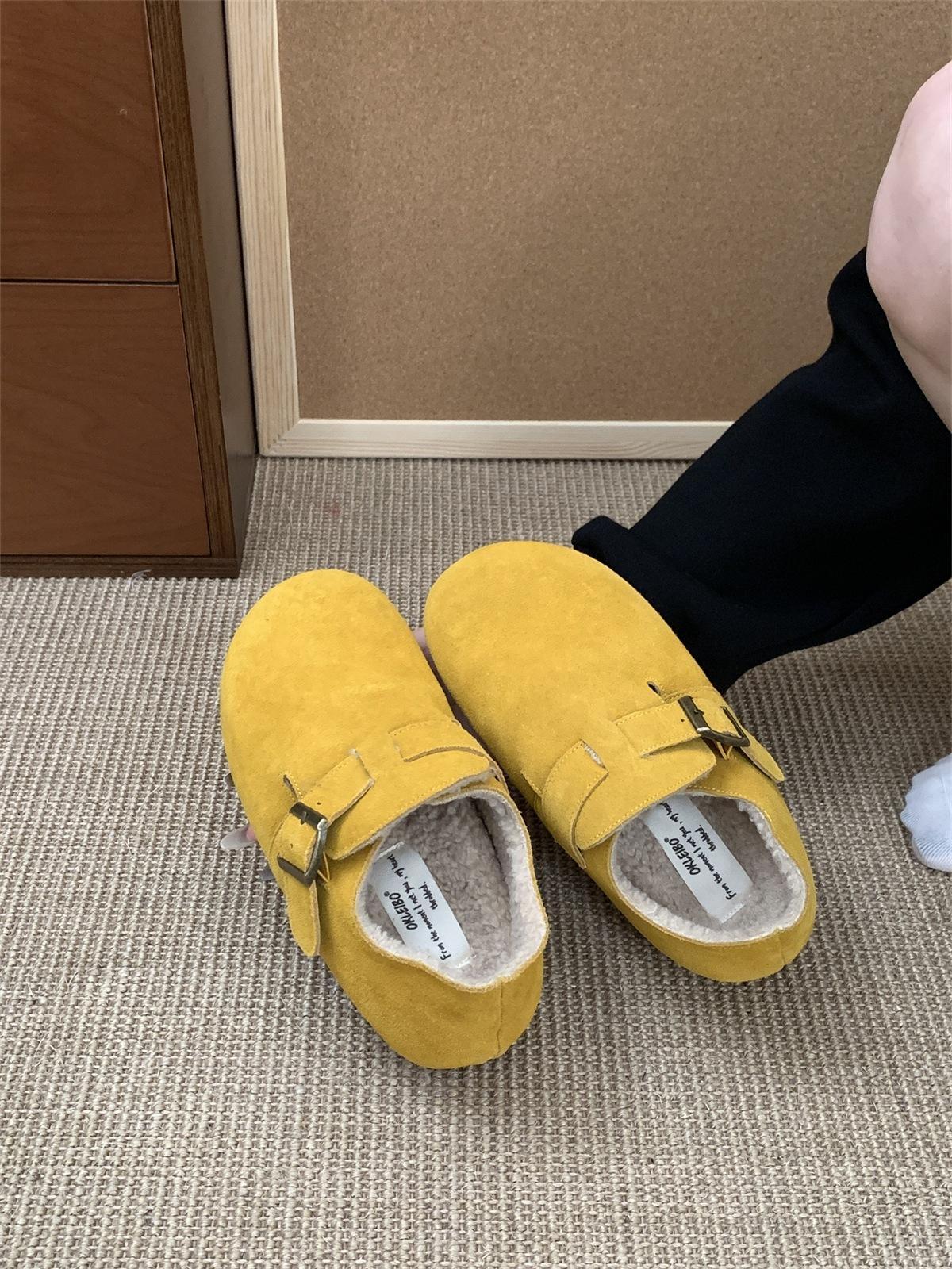 

5CM inner height increase for small people~ Birkenstock shoes women s thick-soled half-drag velvet autumn and winter cotton shoes new bag head cowhide 39 жовтий