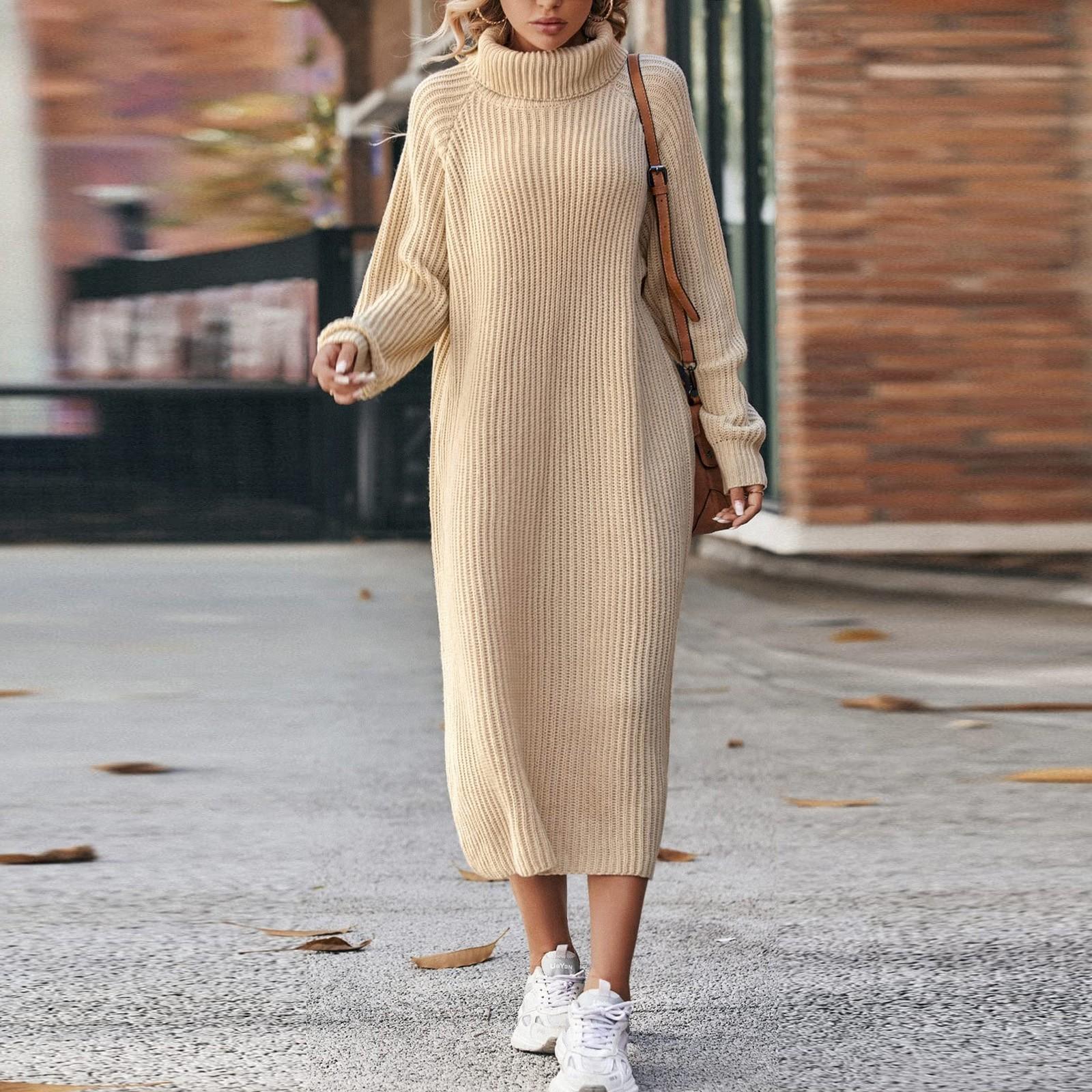 

Женские осенние свитера с длинным рукавом, свободный трикотажный джемпер-платье L бежевый