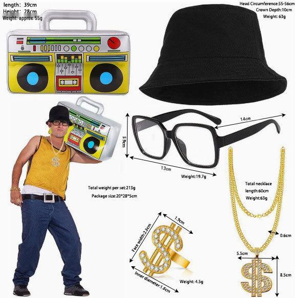 Męski Zestaw Cosplay Hip-Hop Punk: Naszyjnik Dolarowy, Pierścionek, Kapelusz Bucket Hat i Okulary