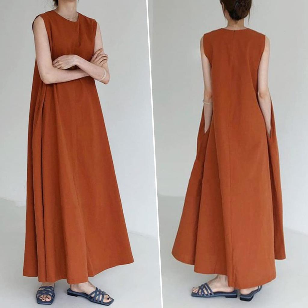 Letní jednobarevné plus posádkové super Mori dívčí šaty [DENNÍ OBLEČENÍDenní oblečení] Dámské šaty z bavlny a lnu, Barva, Na zip, Bez rukávů, Lichotivé, Velikosti, Výstřih,