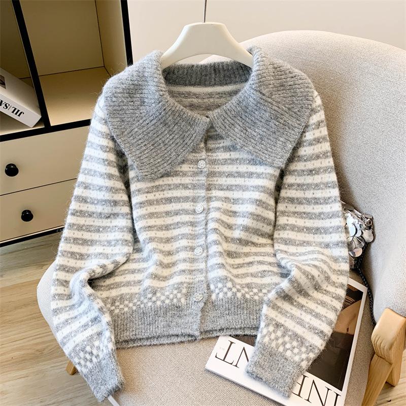 Women's Coat Lapel Striped Knitted Cardigan New Retro Versatile Top Soft Waxy Sweater Women