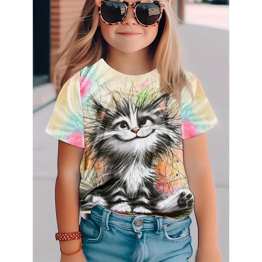 New Summer Girls Clothes Cartoon Cute Cat Graphic T Shirt Short Sleeve Tops for Girls 4 To 6 Years Casual Children's Clothing