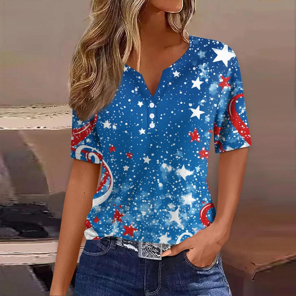 Women's Fashion Casual Independence Day Print V-neck Short Sleeve Decorated Button T-shirt Top