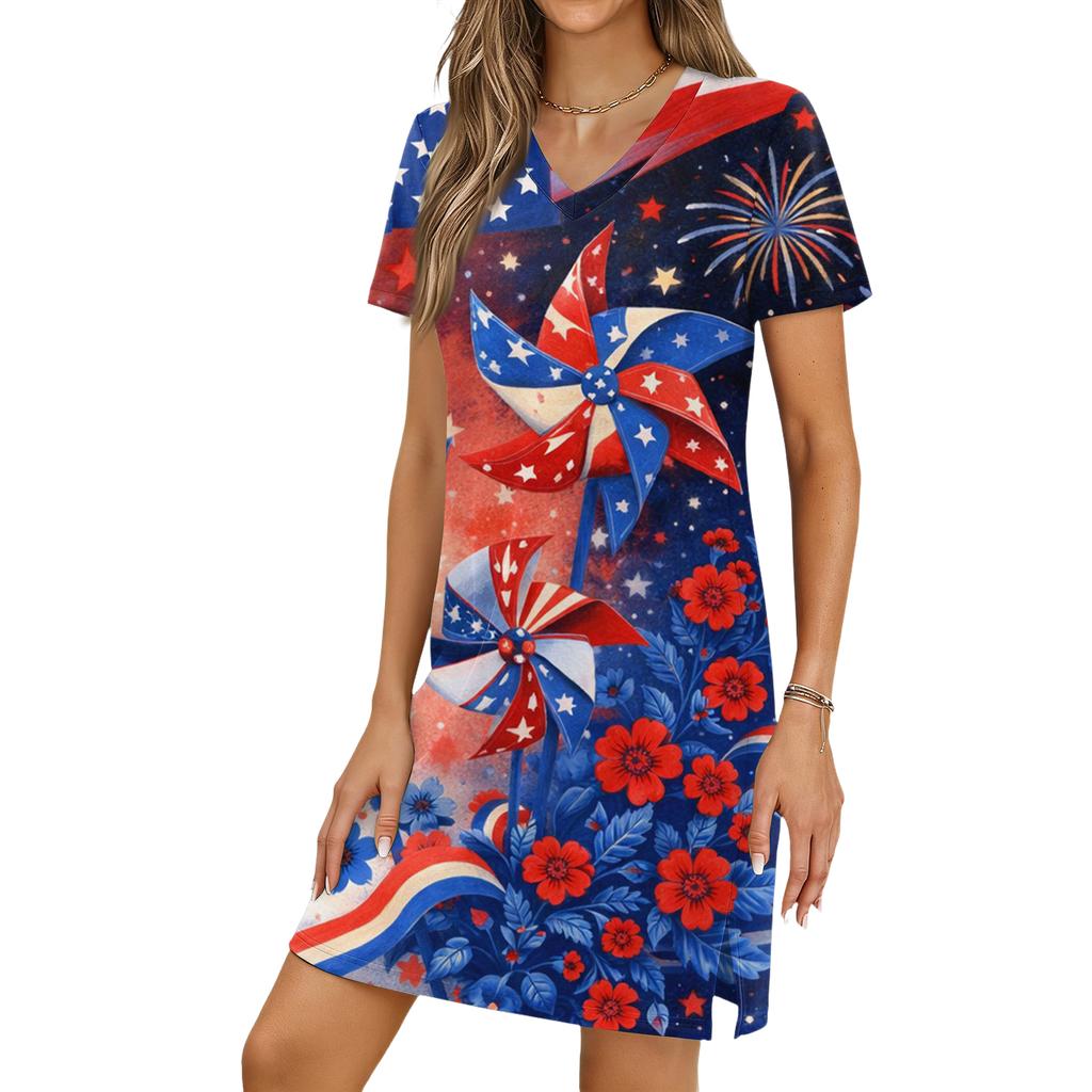 Women's Casual V-neck Short Sleeve Split Hem Independence Day Printed Dress