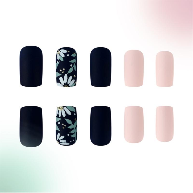 24 Pcs Autumn Winter Press On Nails Square Artificial Nails Glittering Full Cover Stick on Nails Petals False Nails