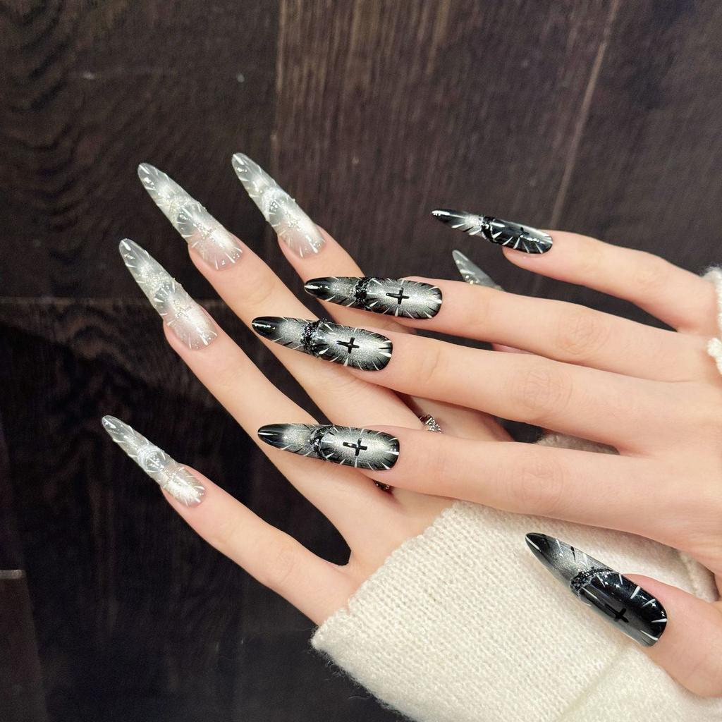 Long Stiletto Press on Nails French Tip Fake Nails False Nails with Designs Reusable Almond Nail Press ons Sparkly Acrylic Artificial Nails for Women