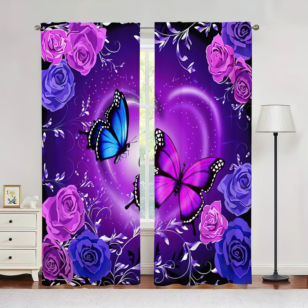 Floral Butterfly 3d Print Curtains, Rod Pocket Semi Blackout Curtains, Bedroom Living Room Office Decorative Curtains, Kids Gift
