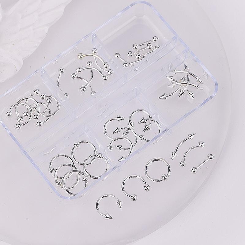 30 ks/krabička Černá/stříbrná slitina kovu ozdoby na nehty dekorace DIY 6 mřížek smíšené cool Y2K punkové doplňky pro nail art manikúra