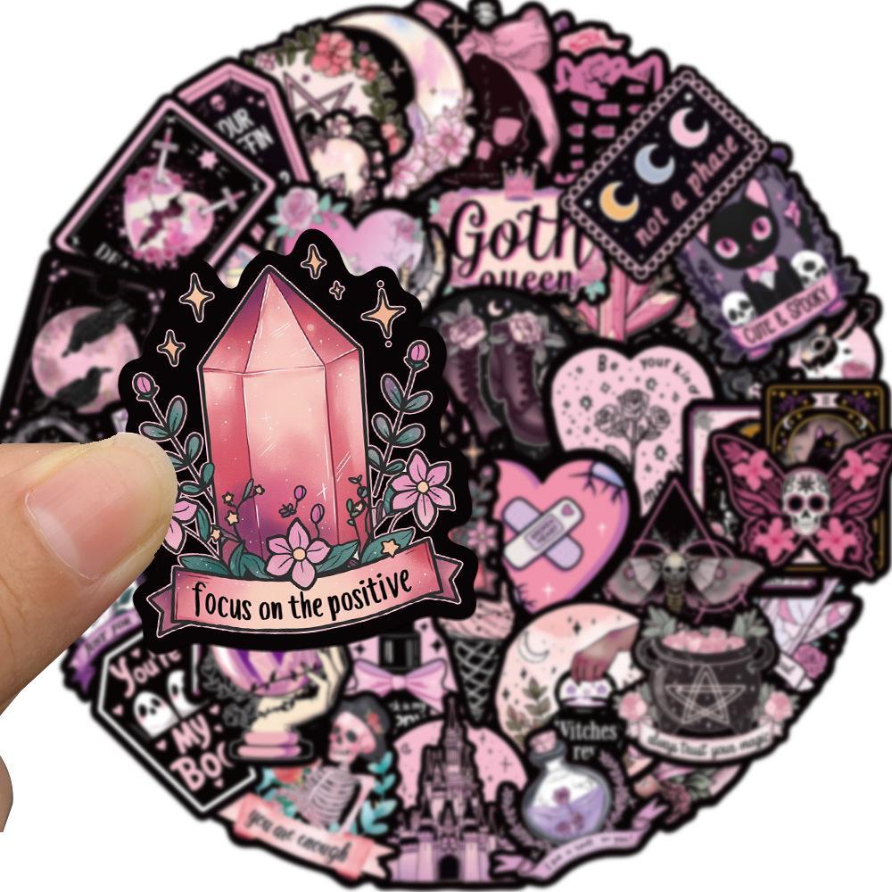 50 European & American Pink Gothic Graffiti Stickers for DIY Decoration - Waterproof for Guitar, Notebook, Suitcase.