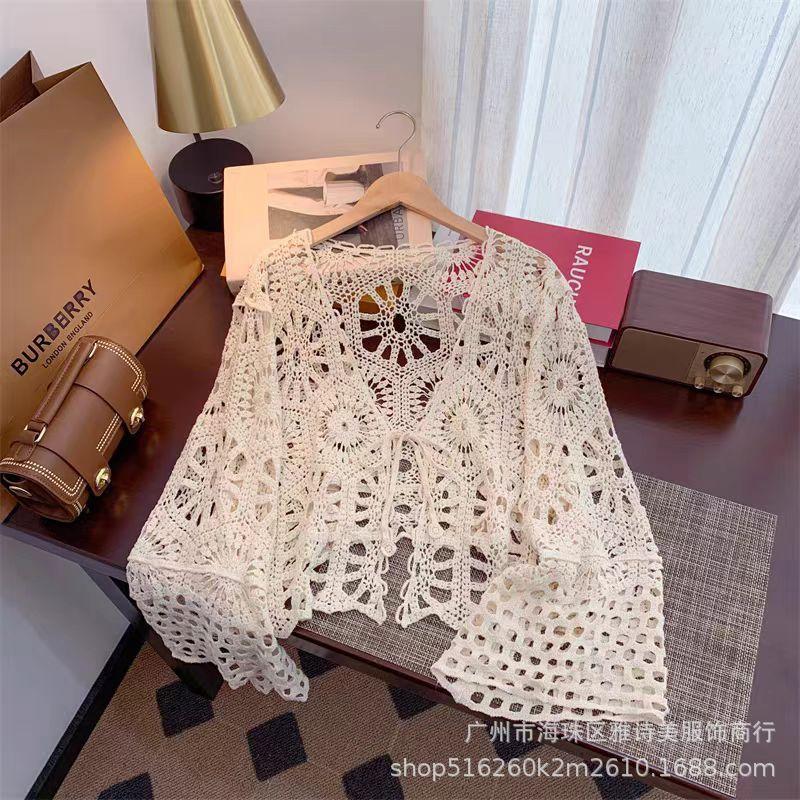 Fashion loose and thin hollow crochet knitted sweater women's new foreign style unique chic cardigan long-sleeved top