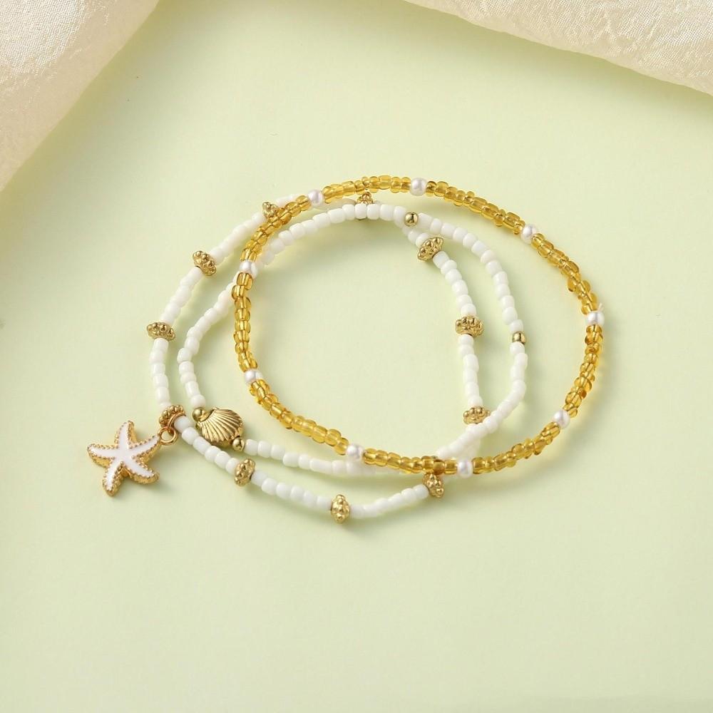 Three-Layer Millet Bead Bracelet Adjustable Beach Foot Jewelry Starfish Shell Ankle Chain  Elegant