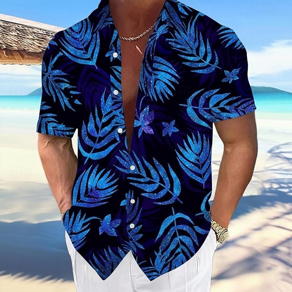 Herren Blätter Tropische Pflanzen Neon Leuchten Sommer Hawaiianisches Hemd Aloha Hemd Kurzarm Hawaiianischer Urlaub Strandkleidung Sommer