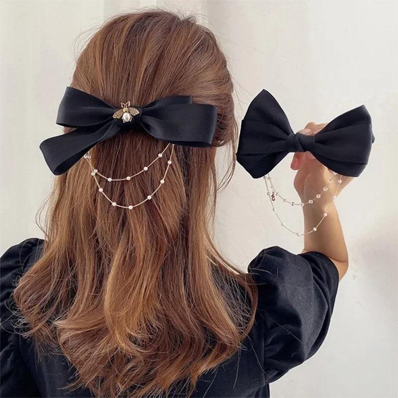 High-quality Bow Pearls Chain Barrettes Hairpins for Women Rhinestone Spring Hair Clips Ribbon Headband Ponytail Hair Accessory