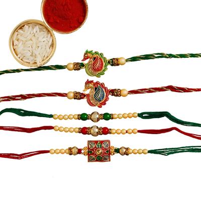 Set: Rakhi Bracelet (5 Pieces), Sindoor and Rice, Green & Red Pack of 5 Meenakari Rakhis and Roli Chawal,