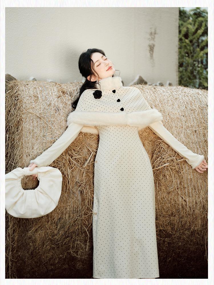 2025 Autumn/Winter Retro Artistic Polka Dot Dress & Cape Set - Elegant Long Lady-Like Style
