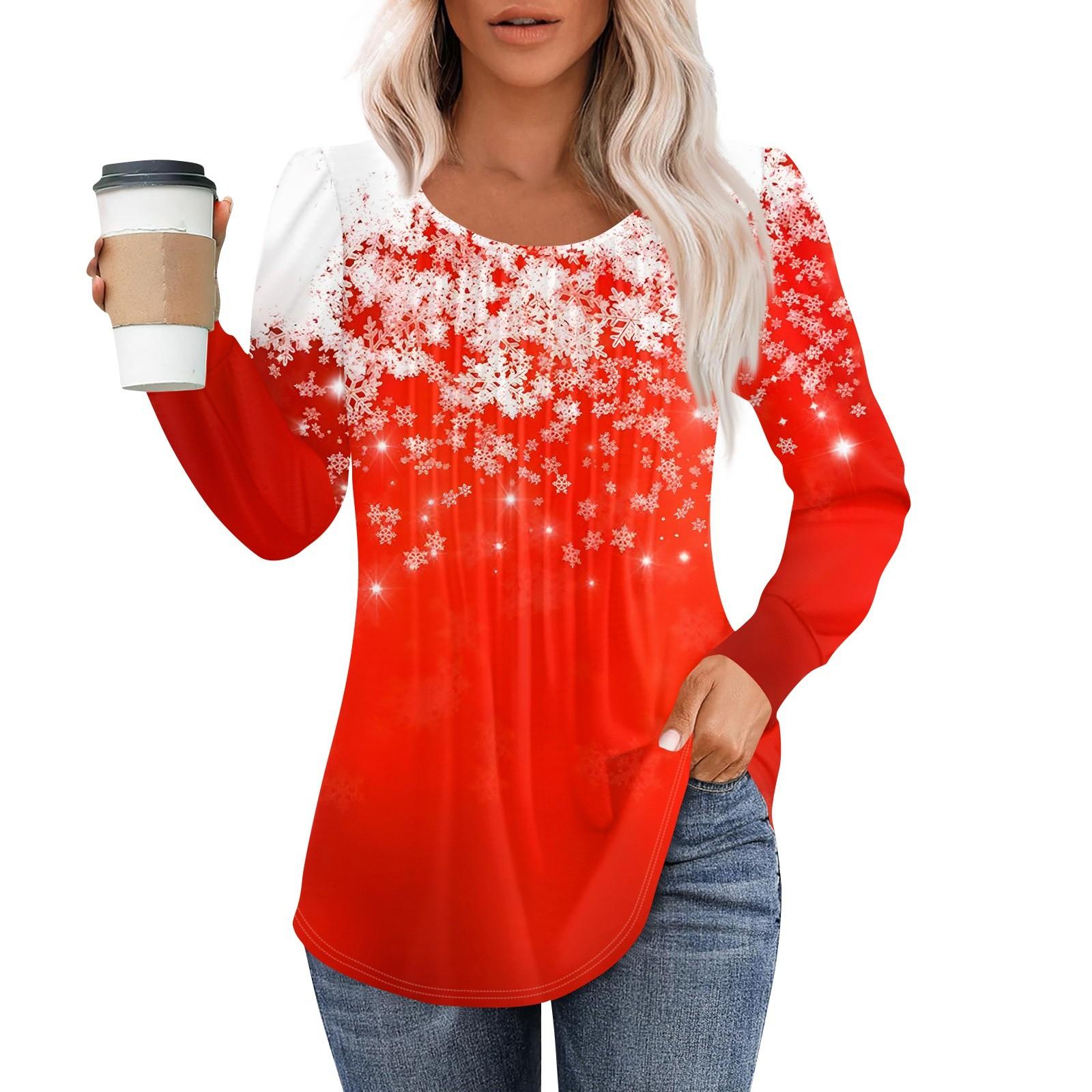 

Рубашки с длинным рукавом для женщин, топы, нарядные повседневные блузки с рождественским принтом, плиссированные туники с круглым вырезом XL киноварь