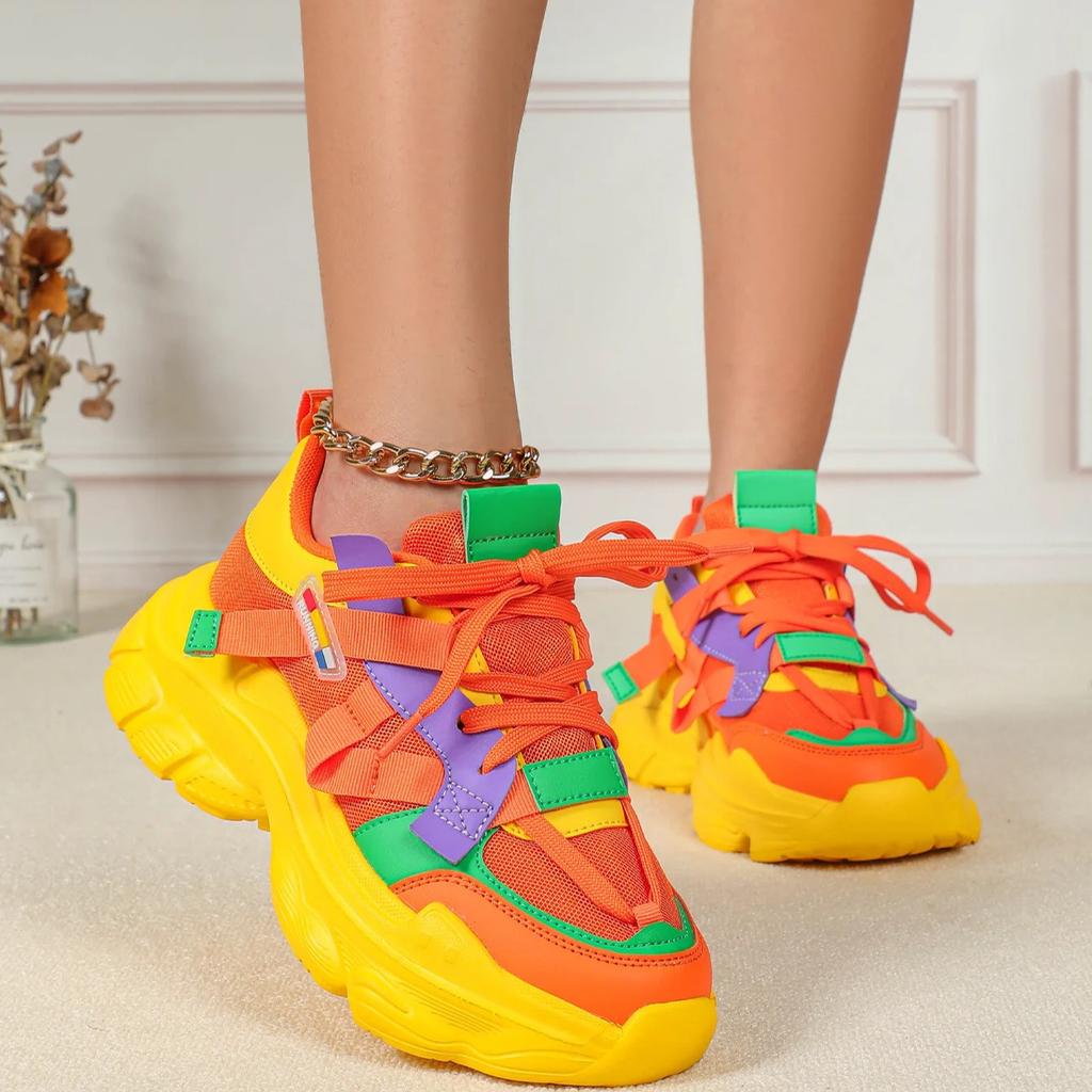 Trendy Chunky Shoes for Women Platform Casual Sneakers Mesh Walking Shoes Breathable Fashion Platform Dad Shoes Lace-up