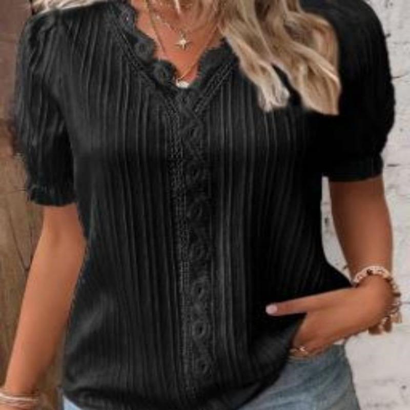 Summer New Holiday Fashion Hollow Solid Color Elegant Short-sleeved V-neck Women's Shirt