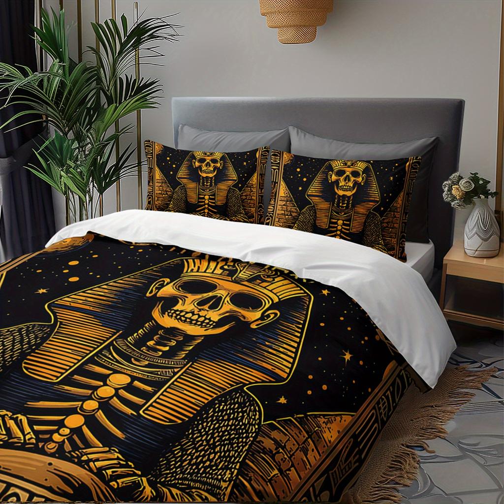 3pcs Egyptian Pharaoh Skeleton Bedding Duvet Cover Set Ancient Egypt Bedding Quilt Set Gothic Themed Bed Quilt Set Luxury