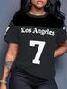 Casual Summer Crew Neck Top for Women Featuring a Black And Gray 'Los Angeles 7' Print. Perfect for Workouts Or Parties
