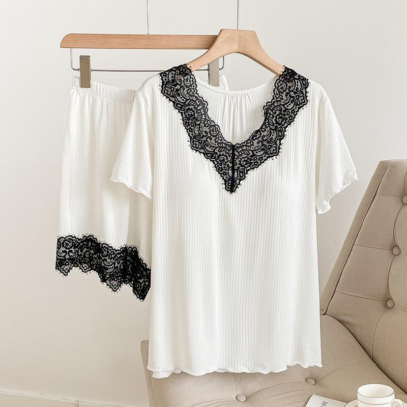 

2025 Women s Summer Two-Piece Pajama Set: Short-Sleeved Top with Built-in Bra and Shorts, Outdoor-Friendly Pure Desire Style. One Size
