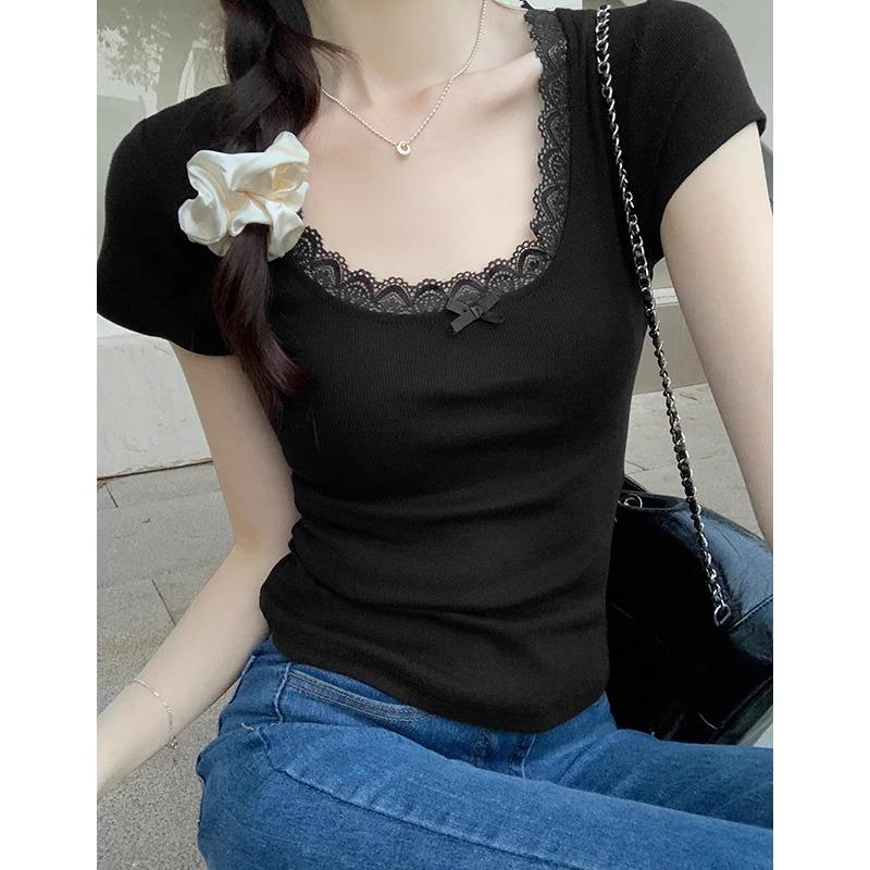 

Трикотажная футболка y2k с кружевной отделкой для лета, укороченный топ с квадратным вырезом и короткими рукавами S чёрный