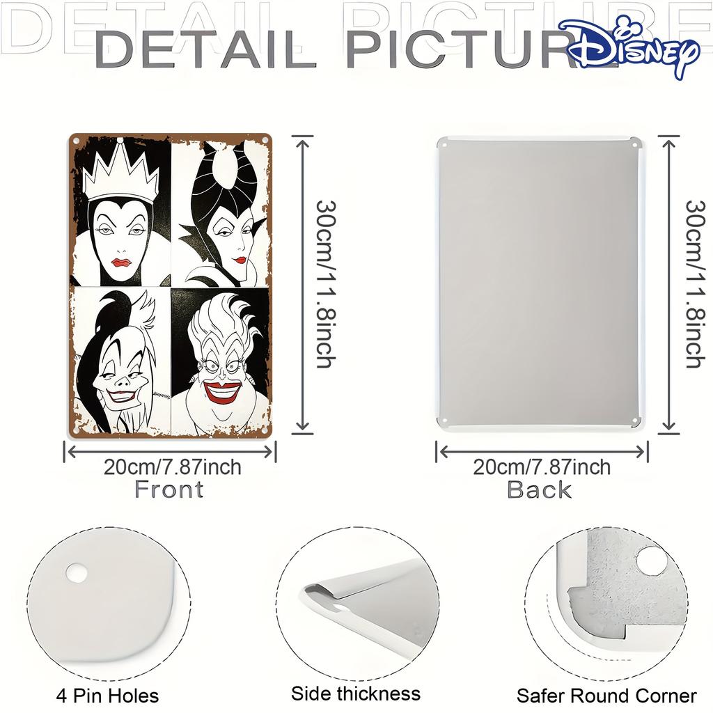 1pc Vintage Disney Villains Metal Tin Sign - 8x12 Inch, Rustic Wall Art Decor for Fans, Featuring Maleficent, Jafar, Ursula & Cr