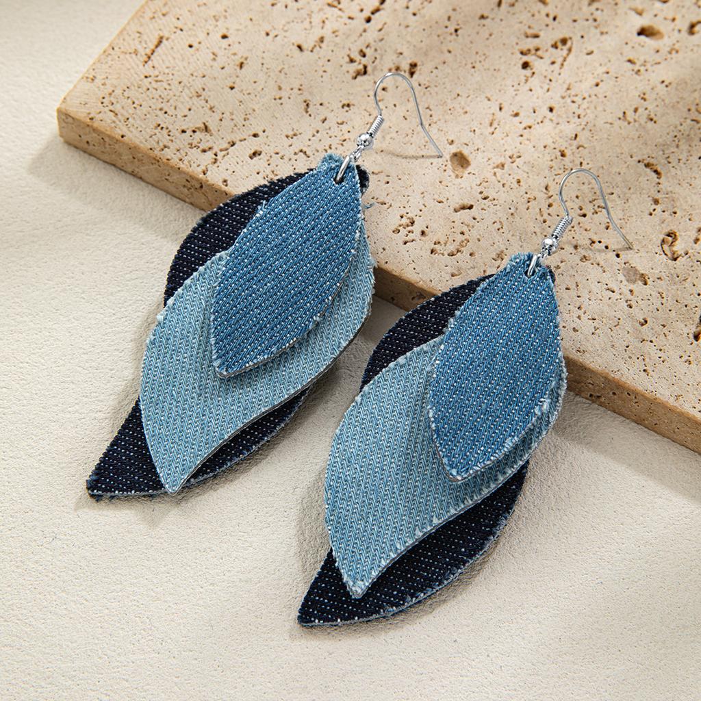 Bohemian Style Multi-Layer Denim Leaf Pendant Earrings Leather Cord Necklace Elegance Versatile Women's Jewelry Set