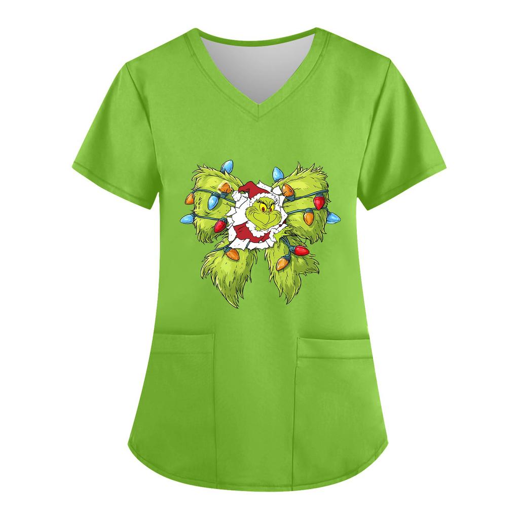 Women's V-neck Christmas Print Short-sleeved Pocket Side Slit Uniform Top