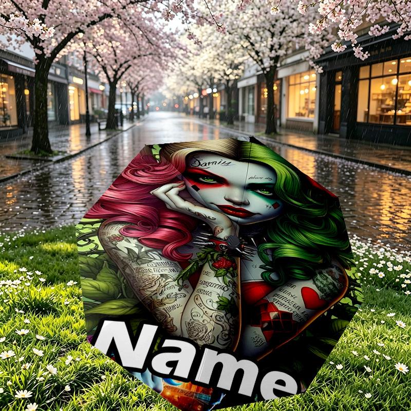 Custom Name Personalized Harley Quinn Joker Print Umbrella, Auto Open Close, 8‑Rib Sturdy Frame, Commute Camping Hiking Use, Birthday Gift