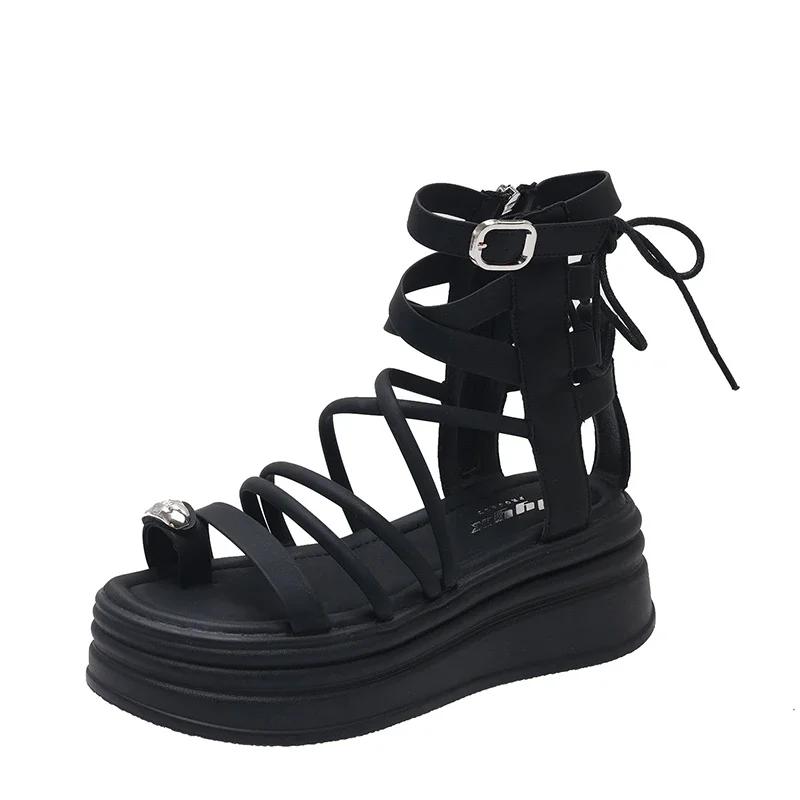 New Round Head Set Toe Women's Shoes Thick Soled Roman Sandals Tide Hollow Cold Boots Women