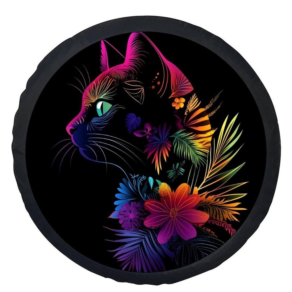 Colorful Floral Cat Profile Tire Cover Durable Wheel Protection Accessory For Cars