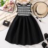 Girls' Summer 2025 Sleeveless Black & White Striped Dress - Medium/Large Korean Style Patchwork