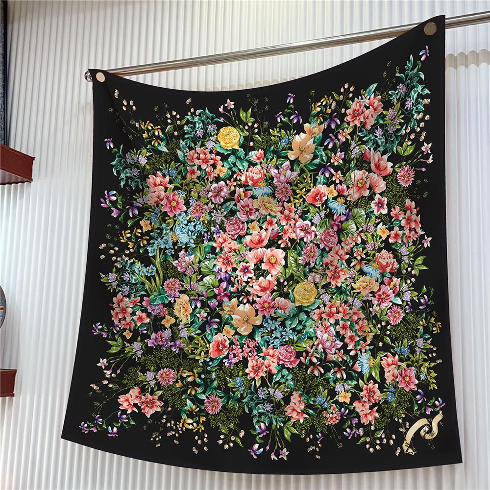 Silk Scarf Women Trees Printed Square Scarves Head Echarpes Silk Foulards Femme Wraps Beach Shawls Bandana Lady Hijabs 90CM