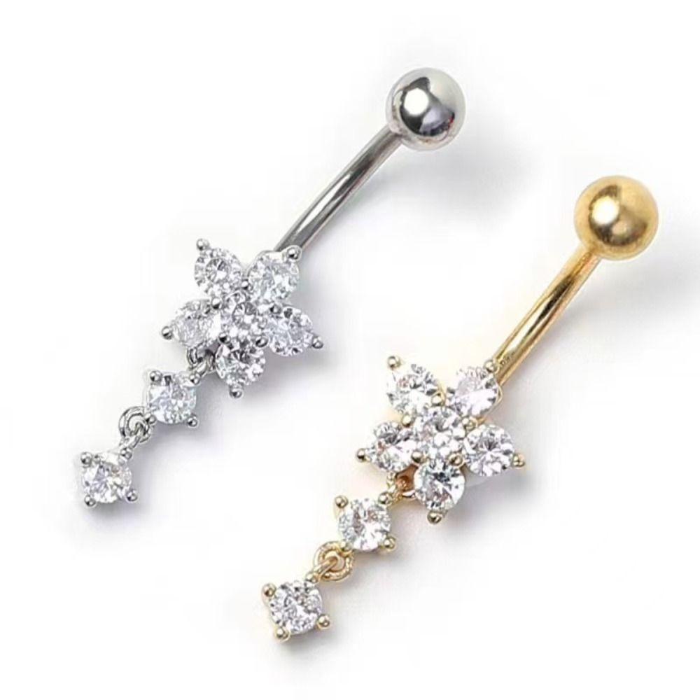 Rhinestone Flower Pendants Belly Button Ring Stainless Steel Body Piercing Jewelry Girls