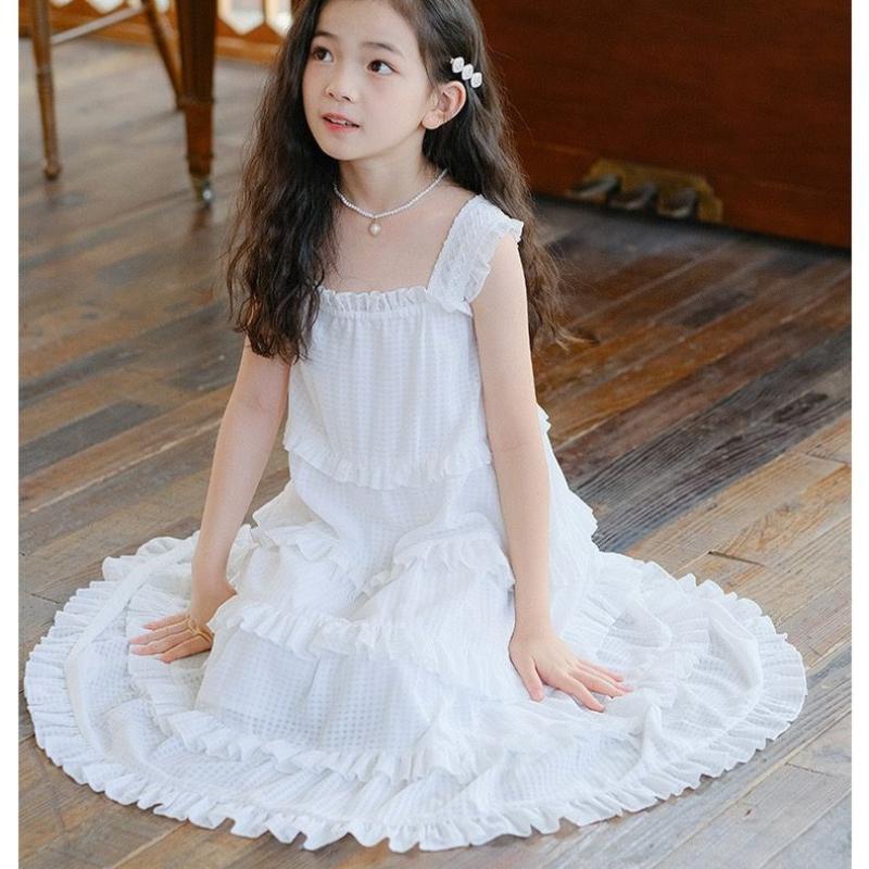 Girls' Fashionable Casual White Dress Summer Children's Elegant Tiered Dress