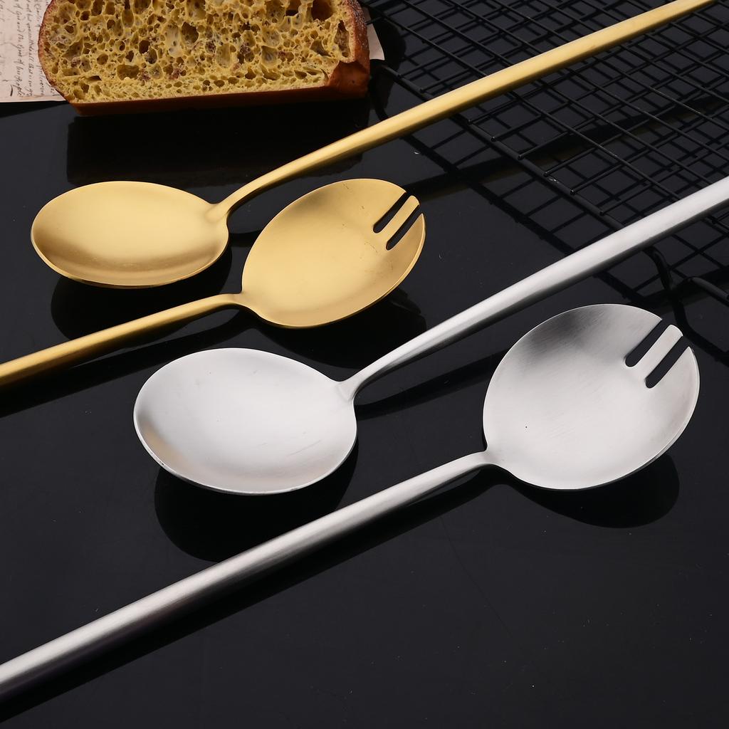2Pcs Salad Service Set Matte Silver Cutlery Set Spoons Forks Long Handle Large Fork Stainless Steel Dinning Server Set