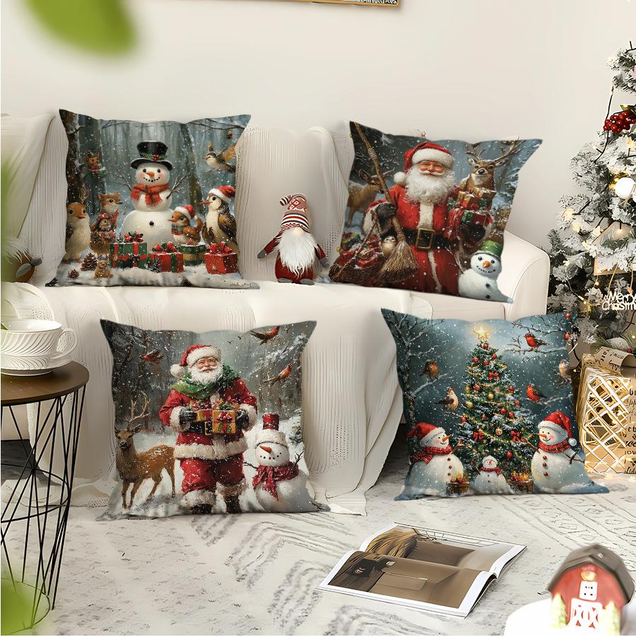 Christmas Theme Sofa Pillow Cover Snowman Print Cushion Cover Polyester Pillow Cover Car Cushion Cover